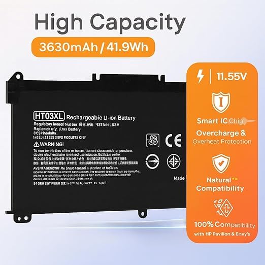 Image of HT03XL Rechargeable Li-ion Battery 11.55V 3630mAh / 41.9Wh - Compatible Replacement for HP Pavilion L11119-855