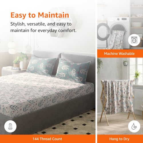 Image of Amazon Basics - 100% Cotton Flat Bedsheet | 144TC |King Bed Sheet with 2 Pillow Cover|Soft Cotton | Floral Leaf | 90 Inch x 108 Inch, Grey
