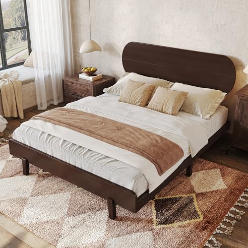 Image of Bellemave Queen Size Bamboo Bed Frame with Headboard,Bamboo Platform Bed Frame Queen Size with Rounded Headboard and Wood Slats,Easy Assembly,Espresso