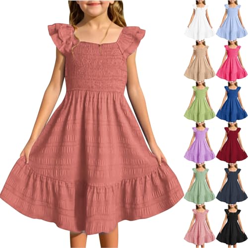 Girls Ruffle Short Sleeve Summer Dress Double Pleated A-Line Square Neck Flowy Dresses Kids Toddler Pageant Elegant