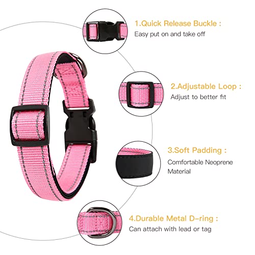 Image of HEELE Dog Collar, Reflective Dog Collar, Soft Neoprene Padded Breathable Nylon Pet Collar Adjustable for Small Dogs Puppy, Pink, XS(7.87-11.81 inch)