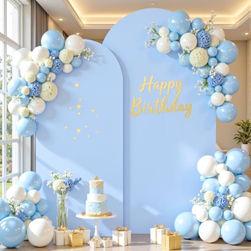 Image of Blue and White Arch Cover Set of 2 Spandex 7.2 and 6ft Arch Backdrop Cover Wedding Arch Stand Covers for Baby Shower Boy Birthday Party Bridal Shower Banquet Photo Background Decorations