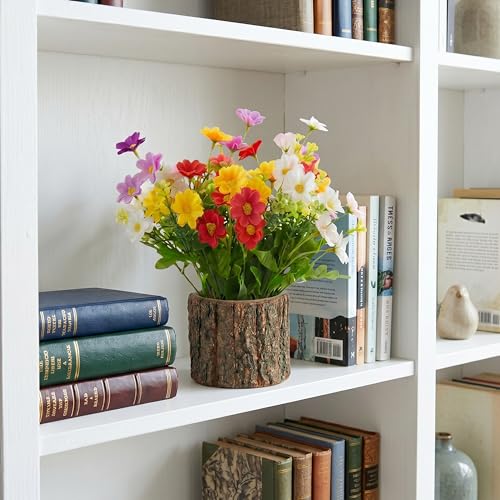Image of Dekorly Artificial Multi Colore Daisy Flower with Real Wooden Vase (28CM Overall Height) | Decorative Lifelike Faux Floral Plant in Rustic Tree Log Pot for Living Room(Multi Colour Daisy)