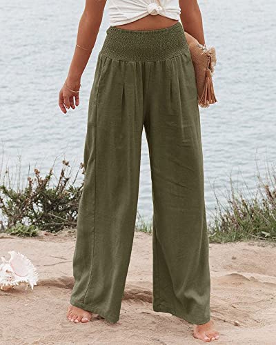 Women Linen Pants Elastic High Waist Wide Leg Palazzo Lounge Pants Casual Loose Beach Pants With Pockets (M, Armygreen) #TOP1