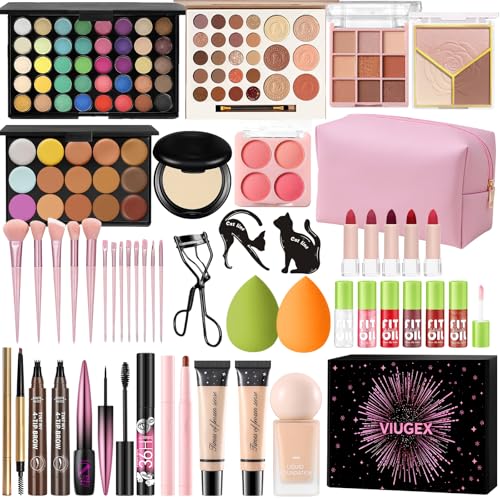 Set Maquillaje Mujer, Kit de Maquillaje Profesional Completo, Set Regalo Maquillaje Adolescente con Paleta Sombras de Ojos Fundación Corretores Contorno Gloss Labios Máscara Línea Ojos Bolsa de Viaje