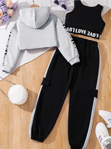 Image of Hilinker Girls Graphic 3 Piece Outfits Workout Hoodie Crop Tank and Sweatpants Set