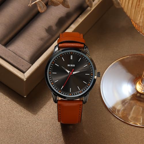 Image of BUREI Men's Fashion Minimalist Wrist Watch Analog Date with Leather Strap