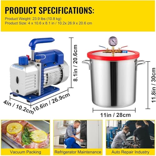 Kit de bomba de vacío para refrigeración de 5 CFM con cámara de vacío de 1,5/2/3/5 galones, cámara de vacío de acero inoxidable 304 y resina epoxi para aire acondicionado doméstico y automotriz (20 L / 5 gal) miniatura 7