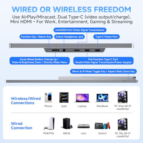 Image of Wireless Portable Monitor, 15.6 inch 1080P Portable Screen Extender, Wireless Casting&Auto-Rotation, Dual Monitor for Laptop /Mac /Switch /Phone /PC