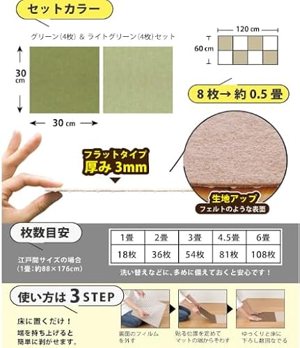 【日本製 撥水 消臭 洗える】ずれない タイルカーペット 30×30cm グリーンセット 8枚 フラットタイプ おくだけ吸着 ジョイントマット [3]