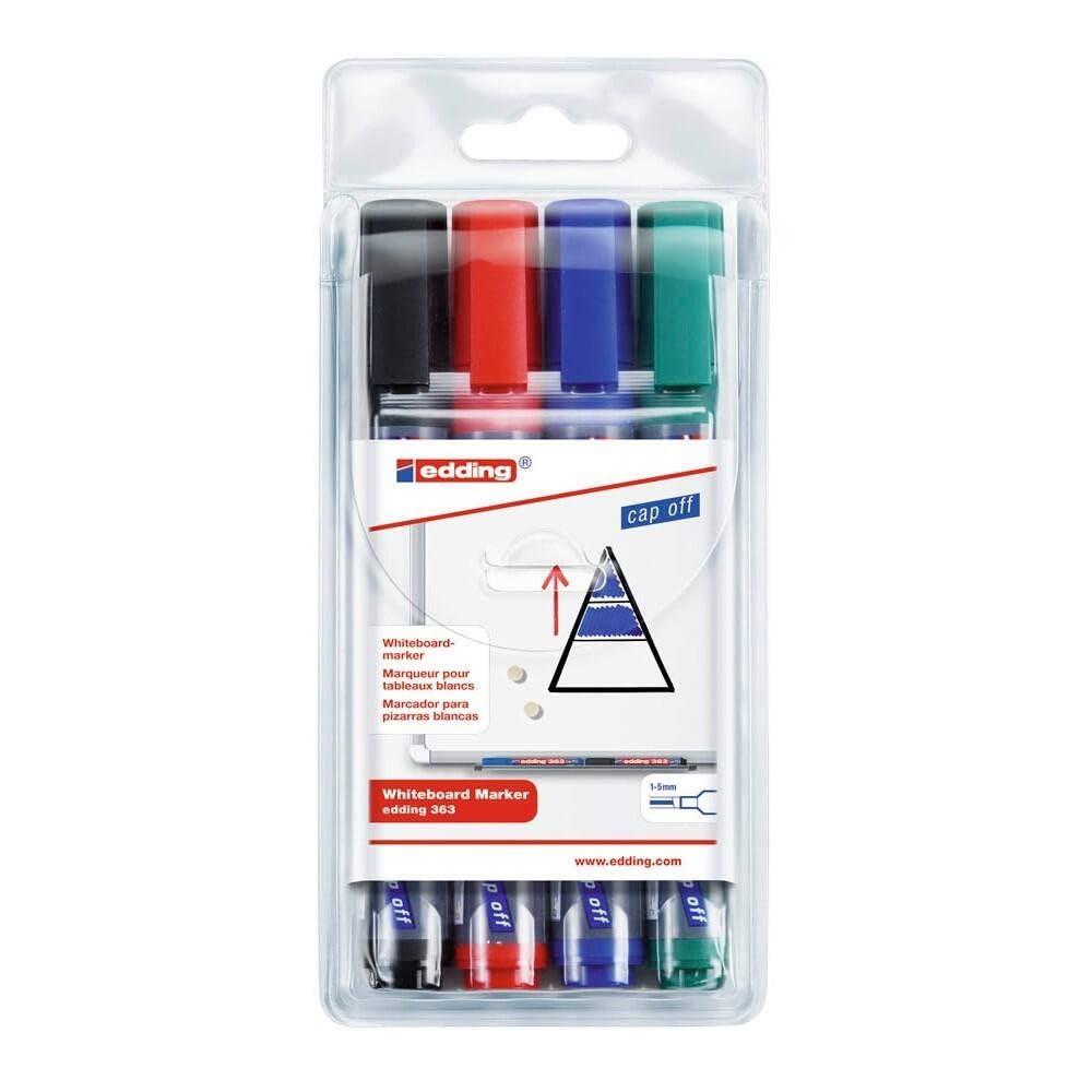 edding 363 whiteboard marker set - multi-coloured - 4 whiteboard pens - chisel tip 1-5 mm - whiteboard pen dry wipe - for whiteboards, flipcharts, magnetic, memo boards - sketchnotes - refillable
