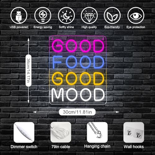 Image of Horseneon Good Food Good Mood Neon LED Sign, Food Neon Signs for Wall Decor, Good Food Good Mood Neon Light with USB Powered for Snack Shop, Restaurant, Fast Food