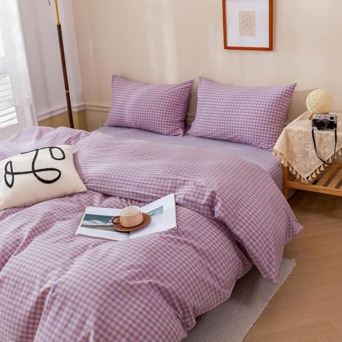 Image of mixinni Purple Gingham Grid Duvet Cover Full, 100% Washed Cotton Modern Geometric Bedding Set with 2 Pillowcases, Farmhouse Style Yellow Plaid Comforter Cover Set for Men & Women, Soft & Lightweight