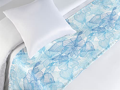 Lunarable Blue And White Bed Runner, Hibiscus Flowers Tropical Foliage Hand Drawn Monotone Design, Decorative Accent Bedding Scarf For Hotels Homes And Guestrooms, Twin, Pale Blue #TOP4