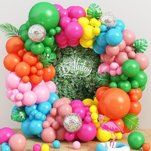 Image of Tropical Balloons Garland Arch Kit, 130Pcs Hawaii Balloon Arch Kit, 18 10 5 Inch Summer Green Hot Pink Orange Yellow Balloons, Hawaii Party Decorations for Swimming Surfing Beach Party Birthday