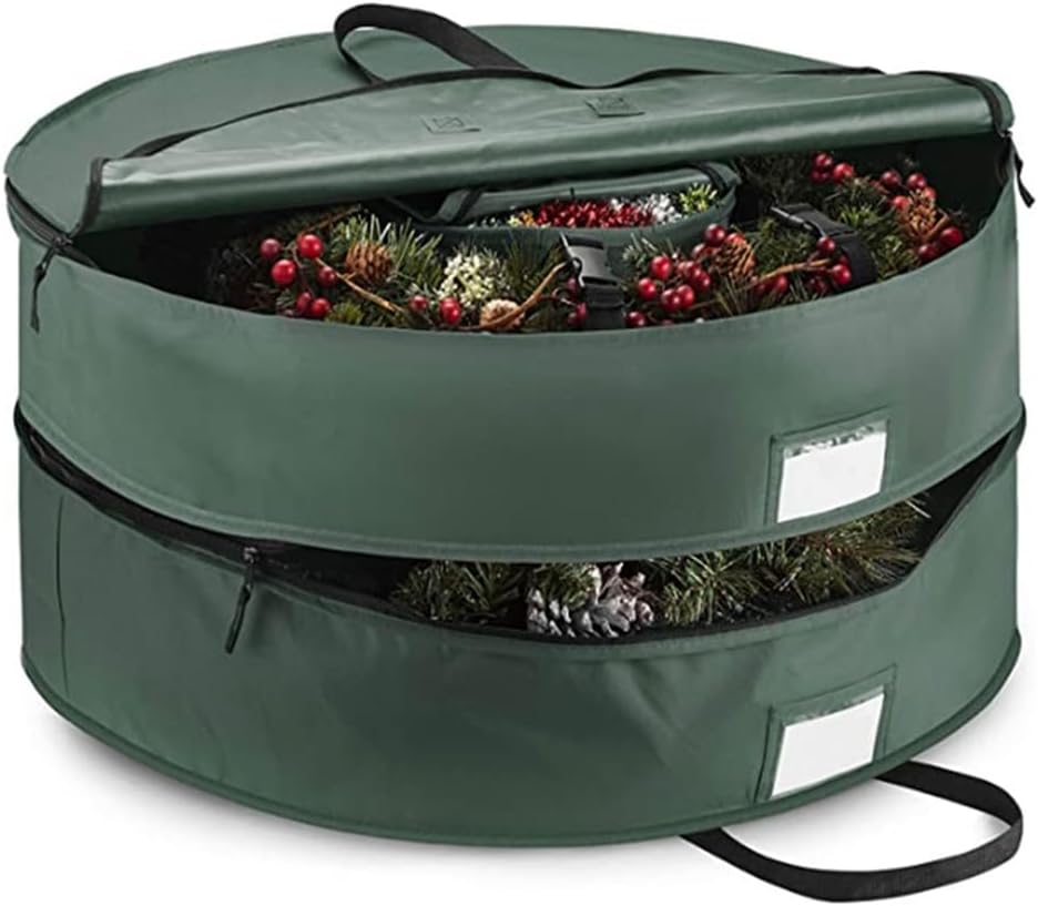 Wreath Storage Container, Double Layer Christmas Wreath Storage Bag with Durable 600D Oxford Material and Reinforced Handle for Holiday Xmas,Green,30inch