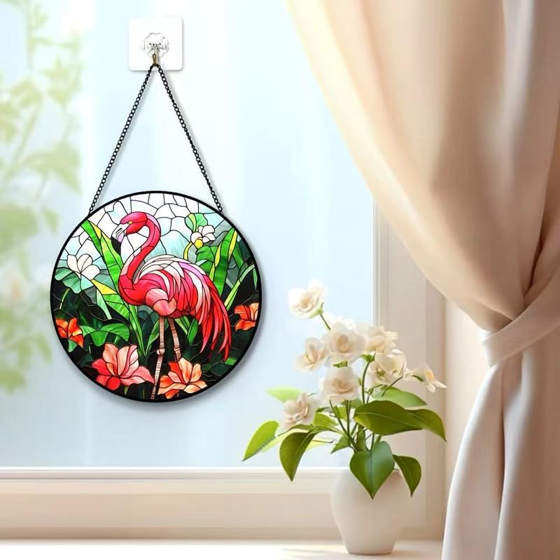 Miniatura 2 de Flamingo Stained Glass Suncatcher  Tiffany Style Pink Flamingo Window Hanging, Round Tropical Glass Sun Catcher for Home Window Decor, Beach &