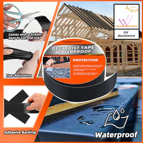 Image of 4 Pack Joist Tape for Decking 2 inch x 50' Weather-Resistant Butyl Joist Tape, Self Adhesive Deck Flashing Tape for Hardwood for Wood Decks Beams Roof 2 inch x 50 feet