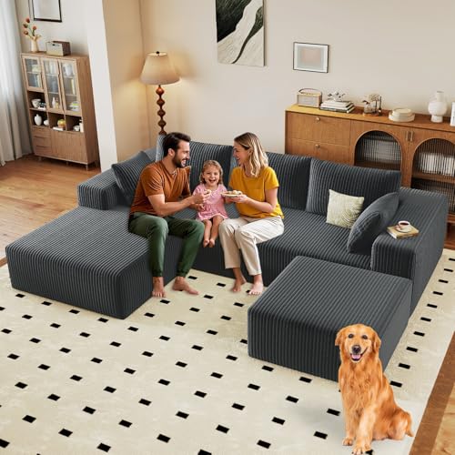 Image of 96 inch Modular Sectional Sofa with Ottoman, Modern Corduroy Cloud Couch with Deep Seat, Boneless Couch Upholstered 3-Seater U-Shaped Sofa for Living Room, No Assembly (Grey, Left-Facing Chaise)
