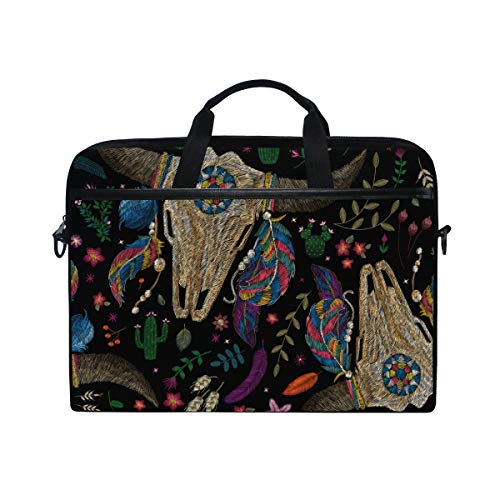 14 Zoll Laptop Tasche Kaktus Blumen Totenkopf Kuh Federn Canvas Stoff Laptop Tasche Bussiness Handtasche mit Schultergurt für Damen und Herren