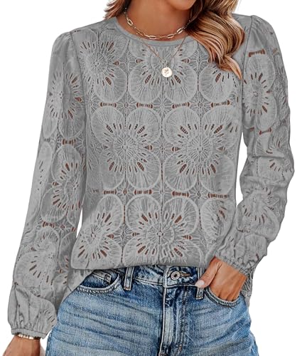 Image of OFEEFAN Blouses for Women Dressy Casual Spring Tops 2026 Summer Outfits Flower Lace Crochet Long Sleeve Shirts
