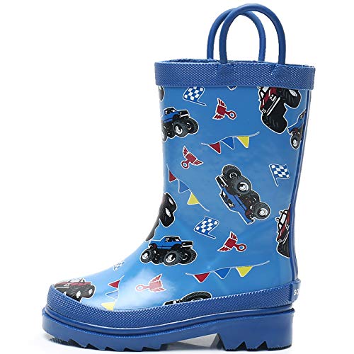 SOLARRAIN Boys Rubber Waterproof Rain Boots with Easy On Handles Non Slip Durable Mud Boots Fun Printed Rain Shoes for Toddler and Kids (SUV Racing, Numeric_3)