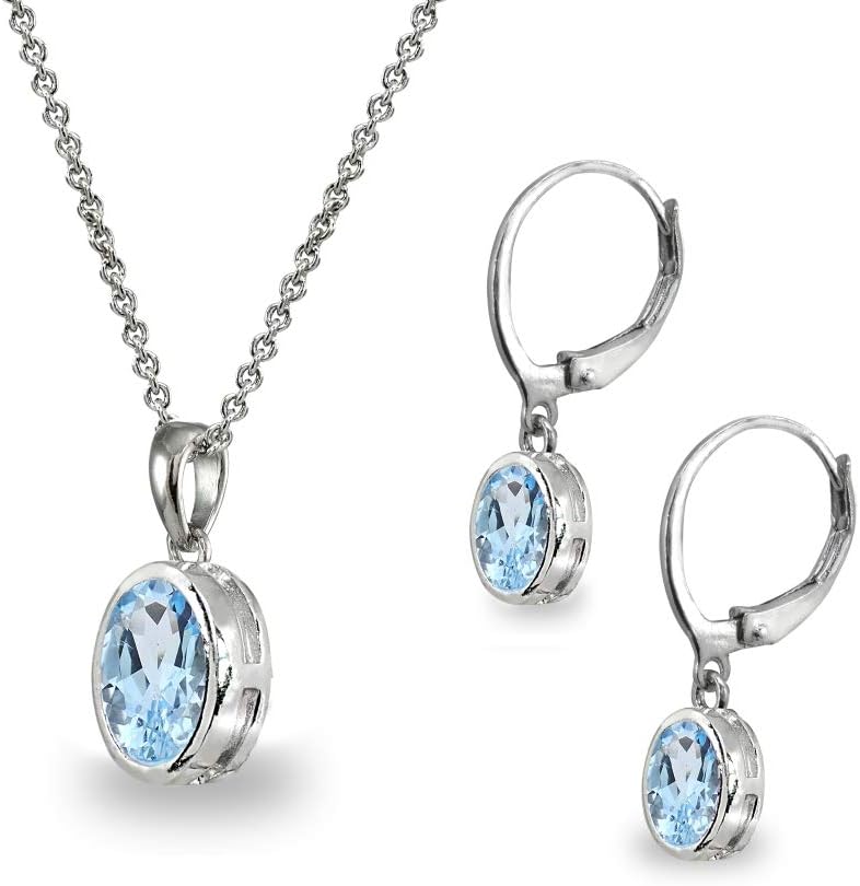 B. BRILLIANT Sterling Silver Genuine or Synthetic Gemstone Oval Bezel-Set Pendant Necklace & Dangle Earrings Set