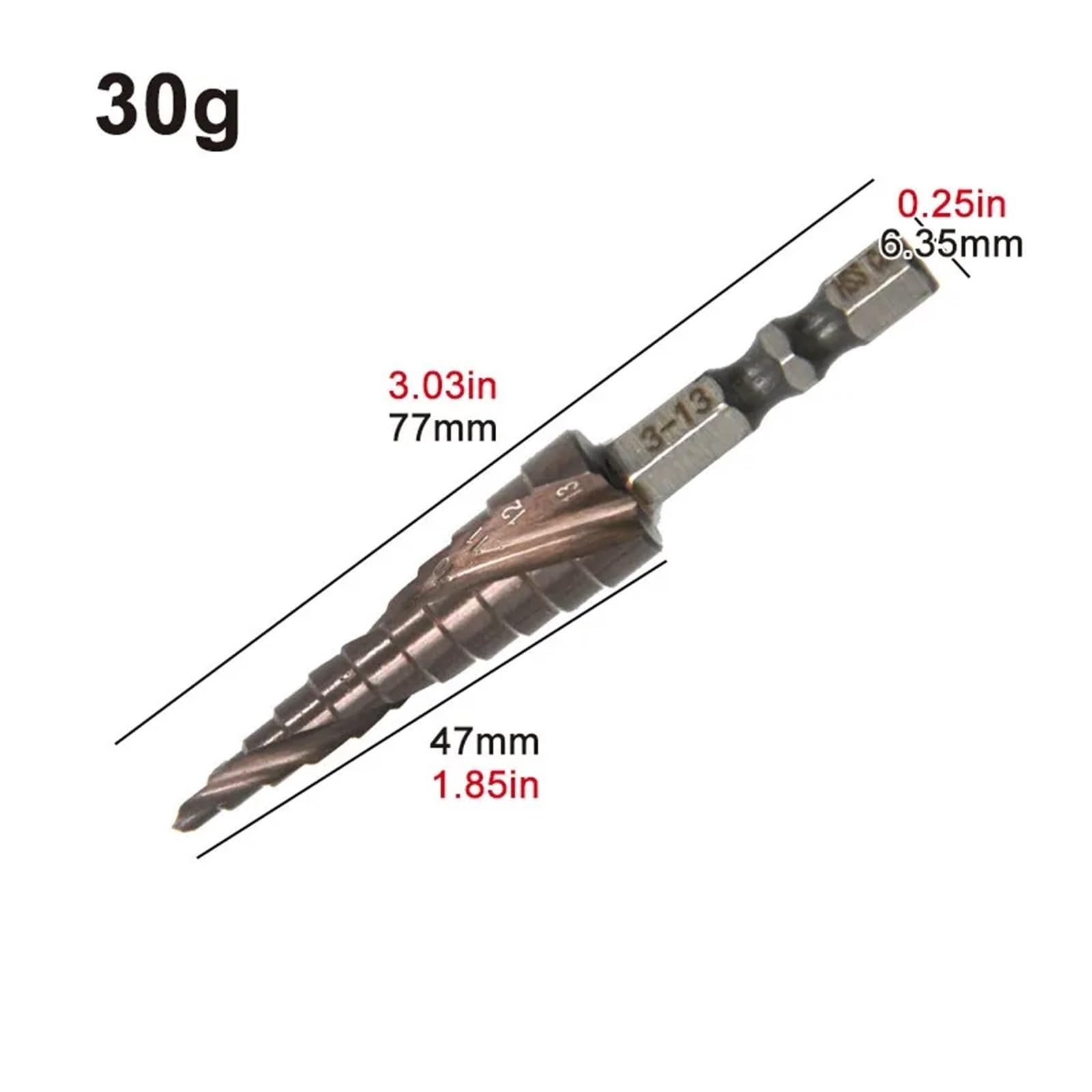 Broca espiral escalonada, Taladro escalonado con espiral hexagonal M35 de 3 y 13 mm con cobalto