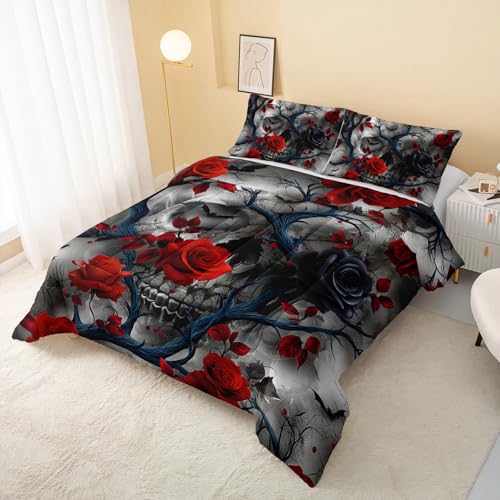 Image of QOOMO Red Flowers Kids Bedding Set,Plants Print Comforter Set Queen Size for Boys Girls Teen Room Decorat,Soft Lightweight Bed Set All Season,1 Comforter 2 Pillowcases