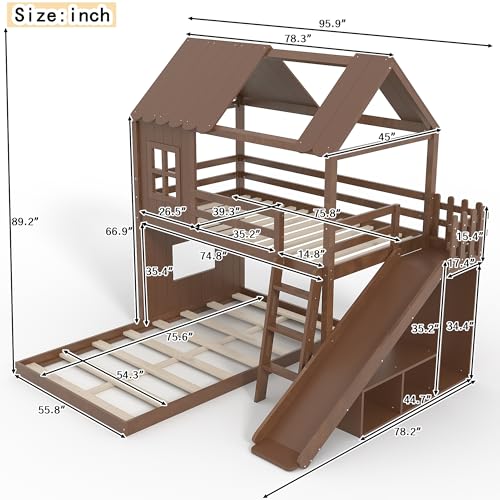 Image of Bellemave Bunk beds Twin Over Full with Slide,Ladders,Bookshelf and Wardrobe House roof Design, Low bunk /loft Bed for Kids, Deep Natural
