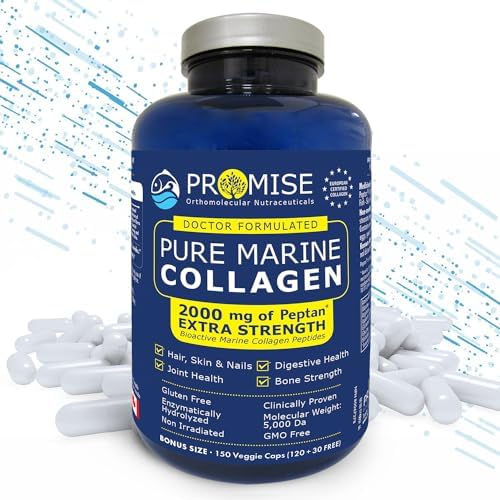 Promise Pure Marine Collagen Capsules with Hydrolyzed Collagen Peptides – Non-GMO, Gluten-Free, Supports Healthy Skin, Nail, Hair & Joints, Made in Canada – 150 Veggie Capsules