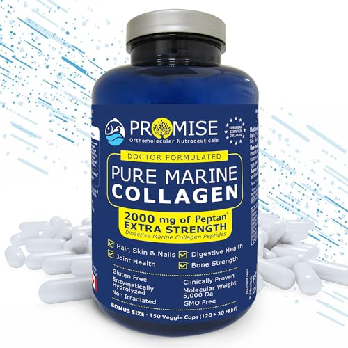 Promise Capsules de collagène marin pur avec peptides de collagène hydrolysés – Sans OGM, sans gluten, favorise une peau saine, des ongles, des cheveux et des articulations, fabriquées au Canada – 150 capsules végétariennes