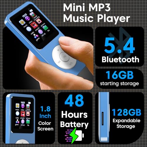 Image of Sounce 16GB Mini MP3 Music Player with Bluetooth 5.4, HiFi Lossless Audio, Video Playback, Voice Recording, FM Radio, E-Book Reader & Built-in Speaker | Expandable Up to 128GB (Blue)