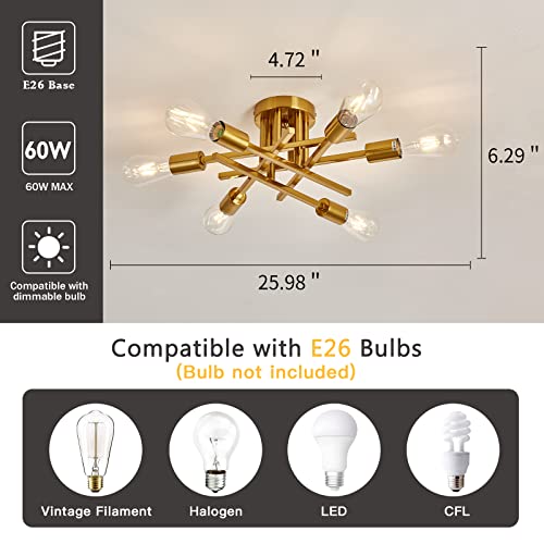 Image of ASGYISA 6-Lights Semi Flush Mount Ceiling Light Fixture Gold Modern Matte Sputnik Chandelier Vintage Ceiling Lamp Farmhouse for Kitchen Bedroom Dining Room Living Room with E26 Bulb Base