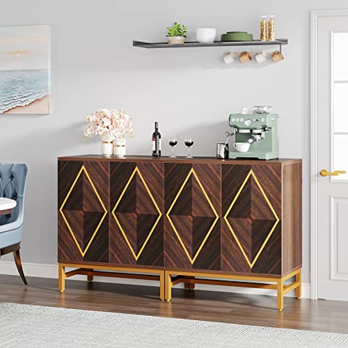 Tribesigns Storage Cabinet Set Of 2, Rustic Accent Console Cabinet With 4 Doors And Adjustable Shelf For Living Room, Sideboard Buffet Cabinet Cupboard With Gold Metal Base For Dining Room, Entryway #TOP14