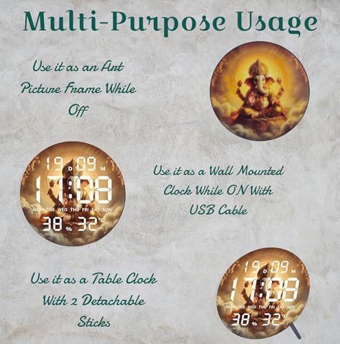 Image of Amazon Brand - Umi Divine Ganesha Digital Wall Clock LED Display Day Date Month Time Temperature & Humidity 12 /24 Hour Format Modern Decorative Religious Wall Clock for Home Living Room Office Temple