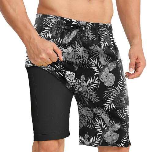 APTRO Herren Badehose Lang mit Kompression Liner Schnelltrocknend Badeshorts Schwimmhose 2 in 1 Badehosen mit Reißverschlusstasche Innenhose Surfen Strandhose
