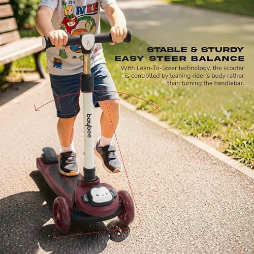 Image of Baybee Rovix Kick Scooter for Kids | Foldable Skate Scooter with 3 Height Adjustment Handle & LED Light Wheels | 3 Wheel Baby Scooter with Rear Brake | Kids Scooter for 2 to 10 Years Boy (RED /Black)
