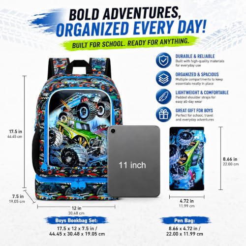 Image of WZLVO 2-In-1 Truck Preschool Backpack Set, 17 inch Cool UV Printing Boys Bookbag /School Bag with Built-in Lunch Compartment & Pencil Bag for Kids to Elementary - Truck Green