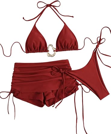 QJQ Womens 3 Piece Triangle String Bikini Set with Shorts Cover Up Bow Swimsuit for Vacation Party