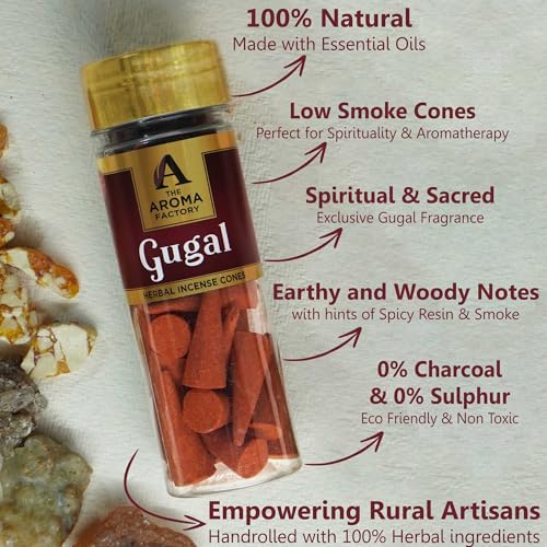 Image of The Aroma Factory Incense Dhoop Cone for Pooja, Gugal (100% Herbal & 0% Charcoal) 2 Bottles x 30 Cones