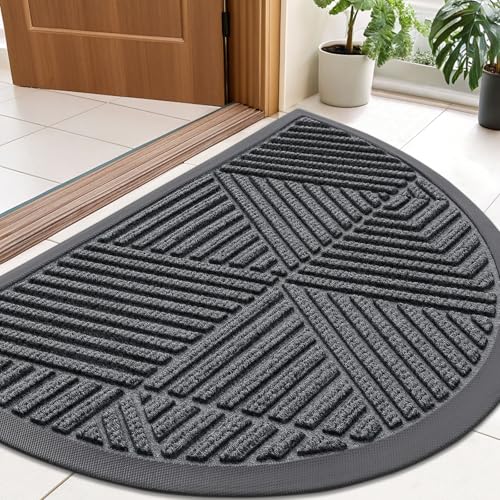Image of Smiry Half Circle Front Door Mat Outside Entrance, Heavy Duty Sturdy Natural Rubber Doormat, Trap Dirt and Moisture, Low Profile Mats for Indoor Outdoor Entry, Irregular Triangle (35x23, Grey)