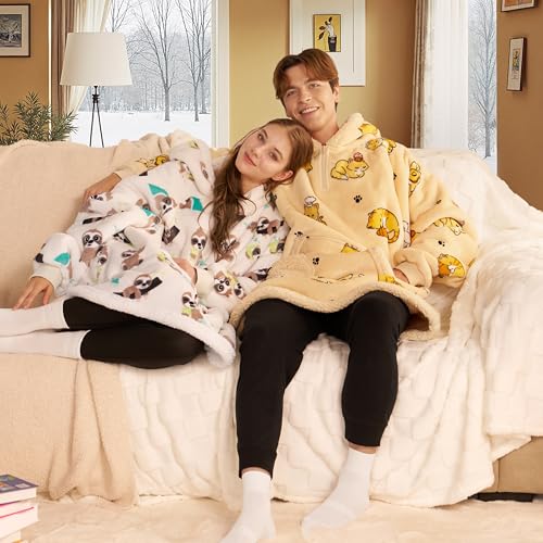 Image of Giggling Getup Wearable Blanket Hoodie for Adults Gifts for Teen Girls Sister Women Sherpa Fleece Printed Hooded Blanket Sweatshirt Warm Cozy with Pocket & Sleeves Cream Sloth