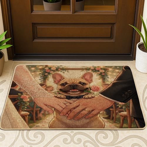 Zerbino nero a tema matrimonio Bulldog francese cane zerbino esterno interno ingresso 73 x 43 cm, zerbino antiscivolo per cerimonia di matrimonio, piccole coppie amore stampa patio garage scarpe fuori