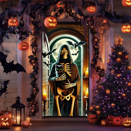 Image of BlissYard Halloween Door Cover Skeleton Black Cat 35x71 Inch Polyester