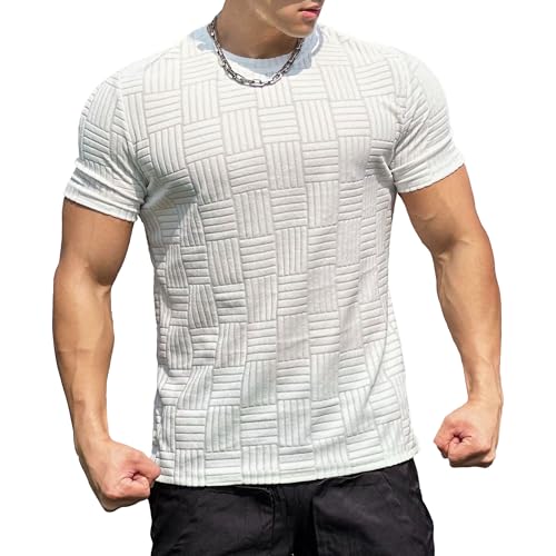 Men's Round Collar Sports T-Shirt Short Sleeve Tight Athletic Fitness Shirt Summer Breathable Cool Running Tops (White,XX-Large)