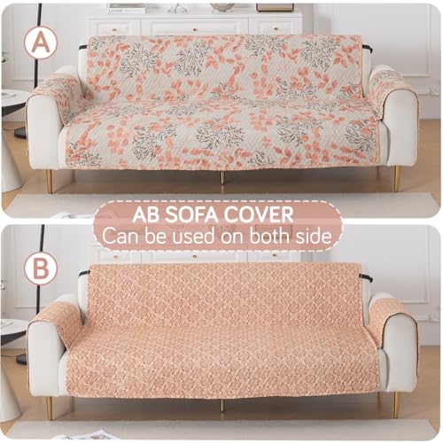 Image of HOKIPO AB Dual Design Quilted Sofa Cover 5 Seater, 3+1+1 Sofa Cover Set, Easy Drape Series, Peach Leaves (NEW-IN-1101 + IN-1099 * 2-ED3)