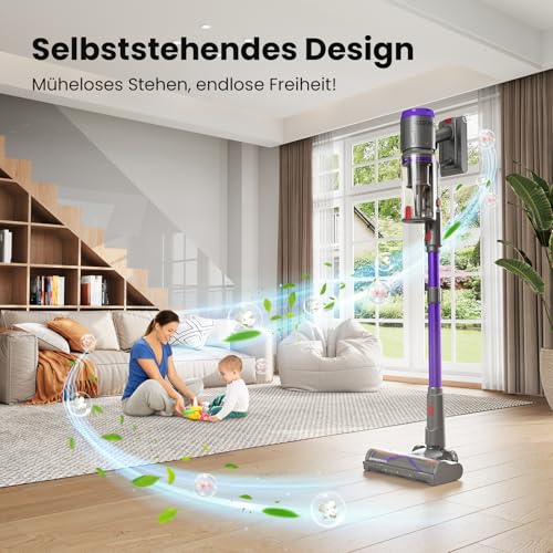 Circlio Akku Staubsauger, 600W/58000Pa/75Min, Laufzeit Staubsauger Kabellos mit Smart LED Display und Ladestation, Selbststehender Akkusauger mit Antitanglebürste für Teppich, Hartboden und Tierhaare