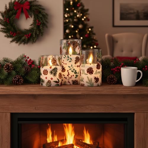 Image of Christmas Flameless Candles with Pinecone Decals, 3 Pcs Glass LED Battery Operated Candles with Remote Timer and 3D Flickering Flame for Christmas Holiday Home Decor(Set of 3, D3 inch x 4 inch5 inch6 inch)