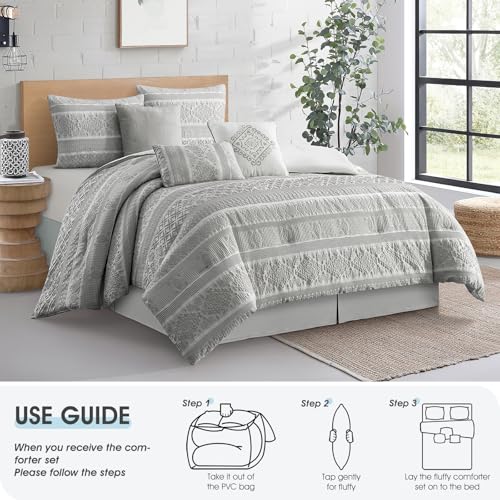 Image of LANCO MODERN LIFESTYLE 7 Piece Queen Comforter Set, Grey, Elegant Jacquard with Patchwork, Stylish and Cozy Bedding Collection, Premium Bedding Set with Bedskirt, Shams and Pillows